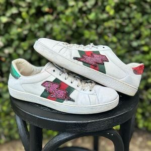 Authentic Gucci GG Ace Lightning Bolt Leather White Green Red Sneakers Shoes